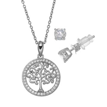 Pure 925 Cubic Zirconia Sterling Silver Family Tree Pendant Necklace & Stud Earring Set, Women's, Size: 18, Grey