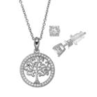Pure 925 Cubic Zirconia Sterling Silver Family Tree Pendant Necklace & Stud Earring Set, Women's, Size: 18, Grey