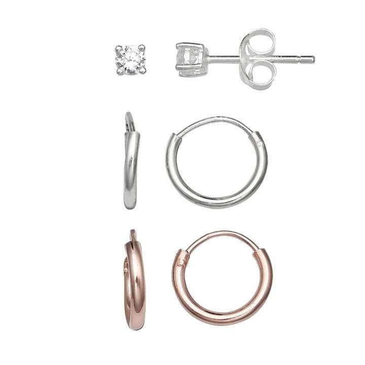 Primrose Two Tone Sterling Silver Cubic Zirconia Stud & Hoop Earring Set, Women's