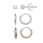 Primrose Two Tone Sterling Silver Cubic Zirconia Stud & Hoop Earring Set, Women's