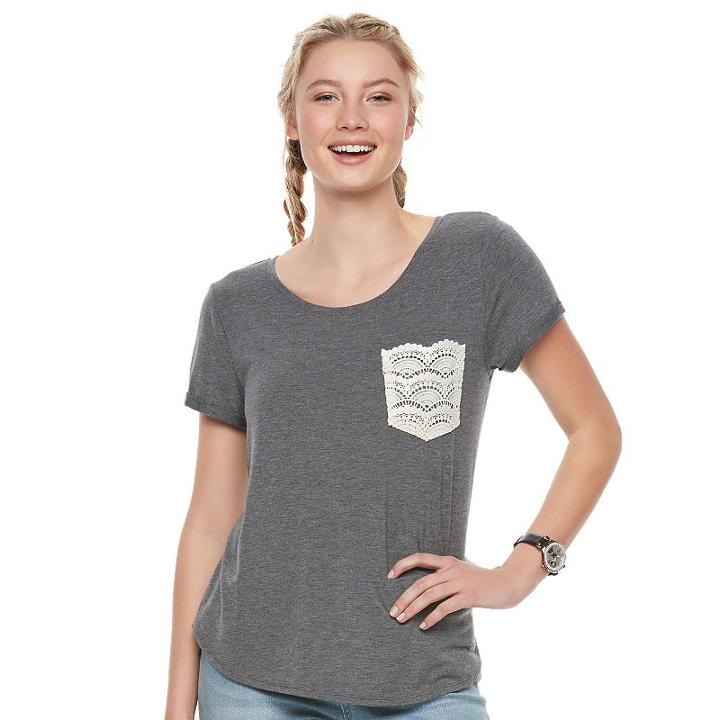 Juniors' So&reg; Crochet Pocket Tee, Girl's, Size: Large, Grey (charcoal)