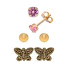 14k Gold Pink Cubic Zirconia, Ball And Butterfly Stud Earring Set, Girl's, Yellow