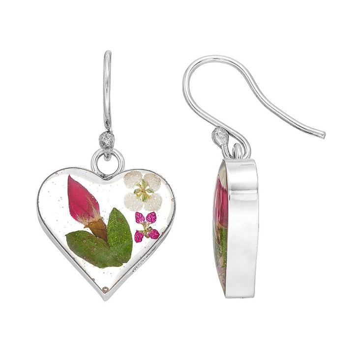 Sterling Silver Pressed Flower Heart Drop Earrings, Women's, Multicolor