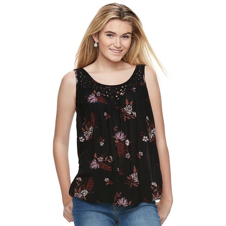 Juniors' Mudd&reg; Embroidered Yoke Tank, Girl's, Size: Large, Black