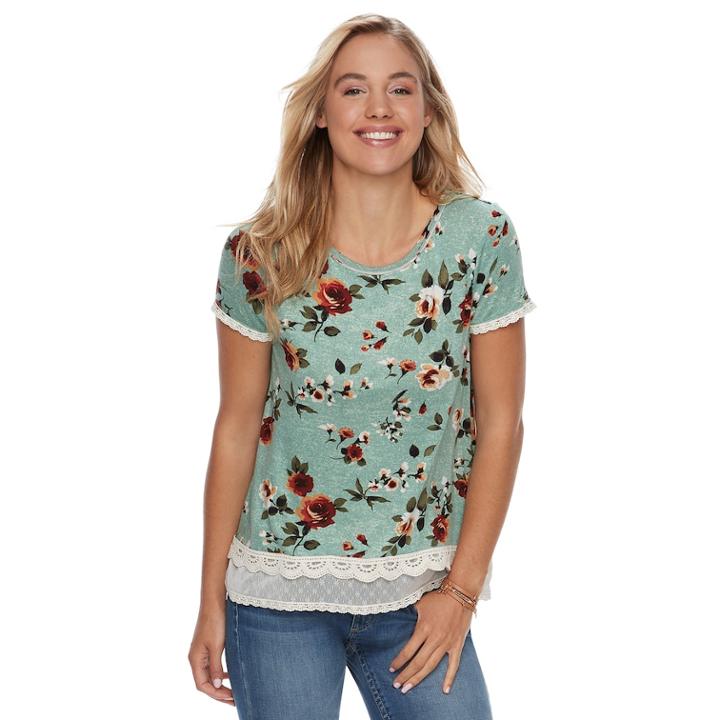 Juniors' Rewind Printed Lace Tee, Teens, Size: Large, Green