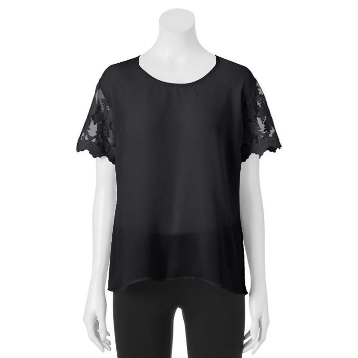 Juniors' Liberty Love Lace Scallop-trim Tee, Girl's, Size: Large, Black