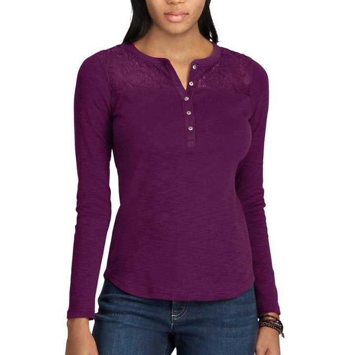 Women's Chaps Lace-trim Henley Shirt, Size: Small, Purple
