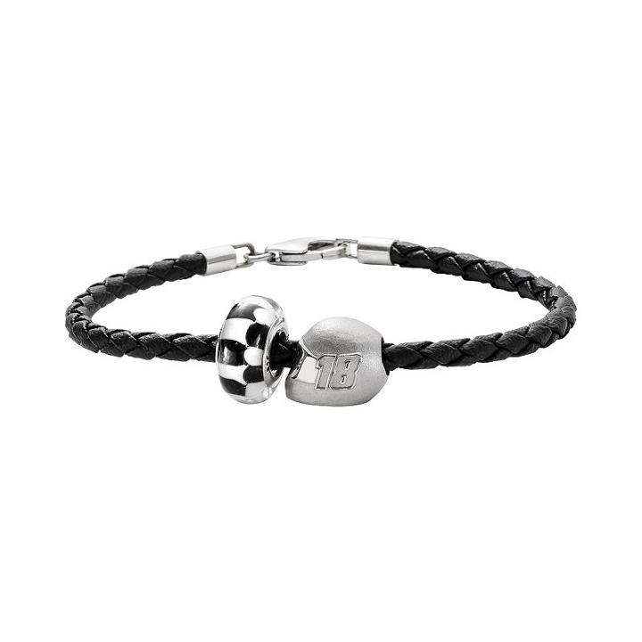 Insignia Collection Nascar Kyle Busch Leather Bracelet And Sterling Silver 18 Helmet Bead Set, Women's, Size: 7.5, Black