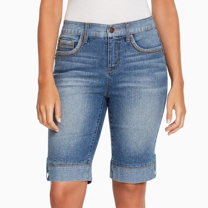 Women's Gloria Vanderbilt Jessa Button-tab Bermuda Jean Shorts, Size: 6, Med Blue