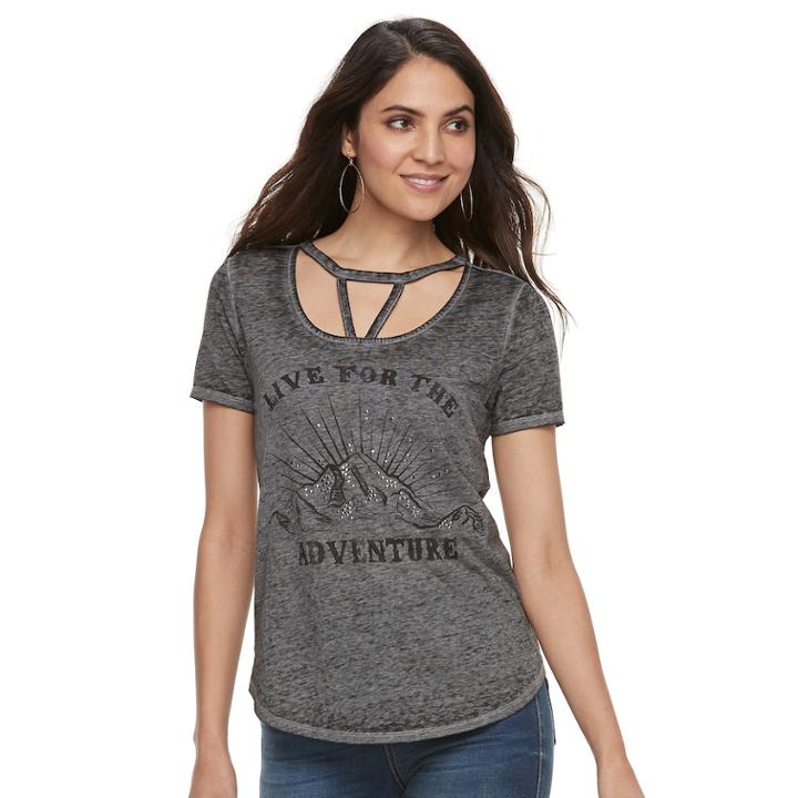 Women's Rock & Republic&reg; Studded Live For The Adventure Scoopneck Tee, Size: Small, Med Grey