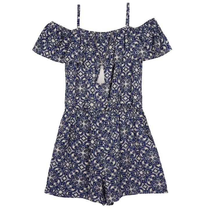 Girls 7-16 Iz Amy Byer Cold Shoulder Print Challis Romper With Necklace, Size: Large, Blue (navy)