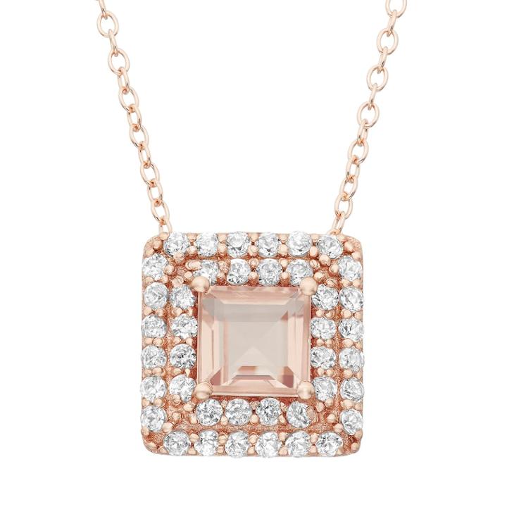 Simulated Morganite And Lab-created White Sapphire 14k Rose Gold Over Silver Square Halo Pendant Necklace, Women's, Size: 18, Pink