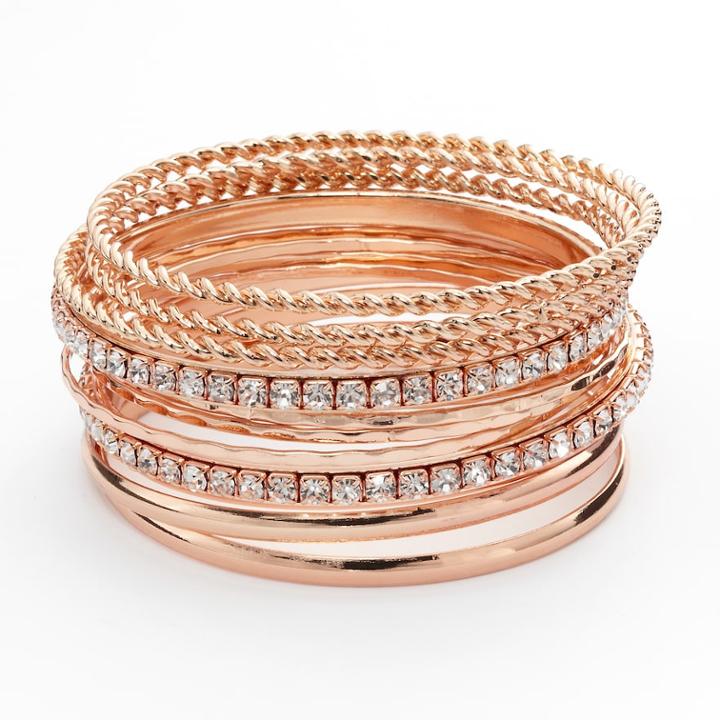 Hammered And Twist Simulated Crystal Bangle Bracelet Set, Women's, Light Pink