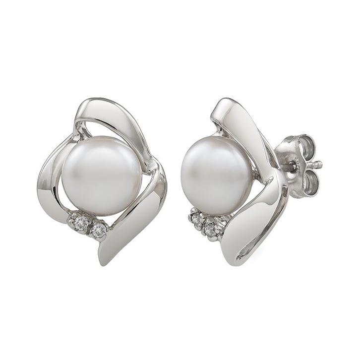 Sterling Silver Freshwater Cultured Pearl & Diamond Accent Heart Stud Earrings, Women's, White