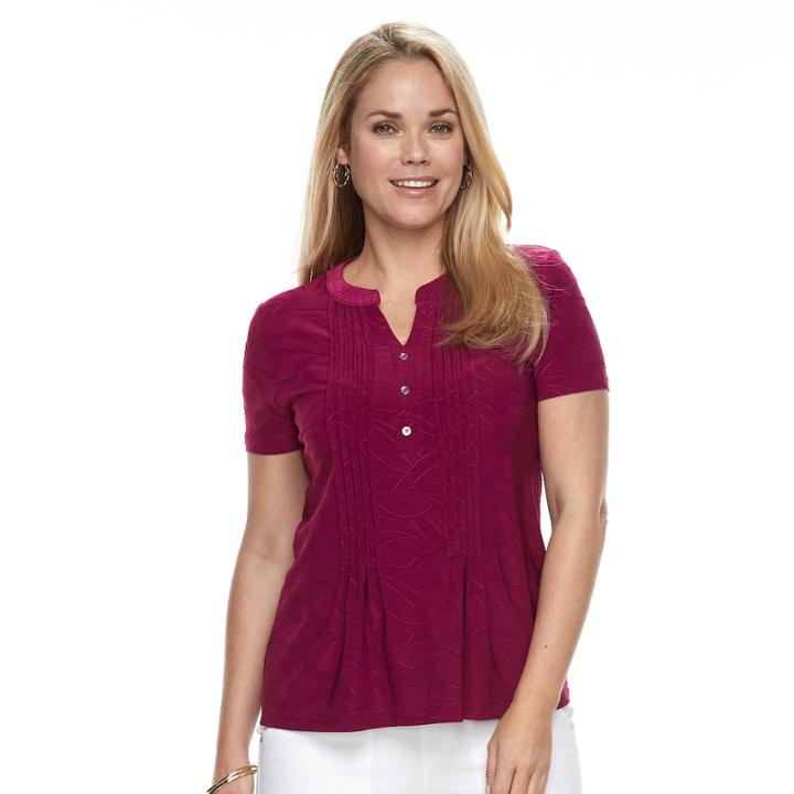 Petite Croft & Barrow® Jacquard Henley Top, Women's, Size: Xs Petite, Dark Pink