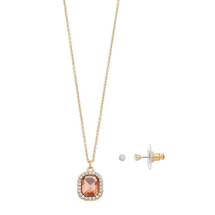 Lc Lauren Conrad Rectangular Halo Pendant Necklace & Stud Earring Set, Women's, Light Pink