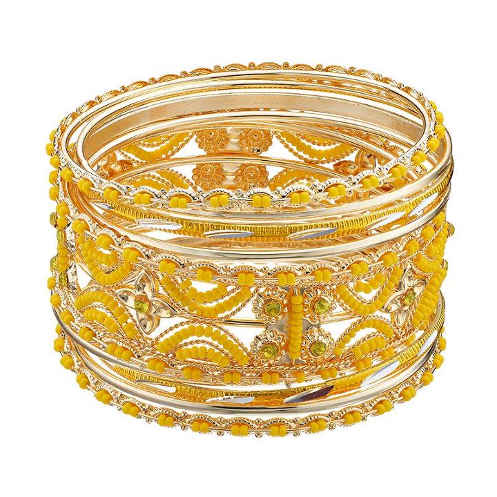 Yellow Seed Bead Openwork Bangle Bracelet Set, Women's, Med Yellow