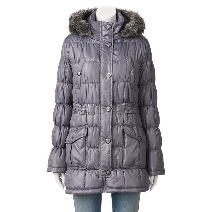 Juniors' Urban Republic Hooded Faux-fur Puffer Jacket, Girl's, Size: Large, Silver