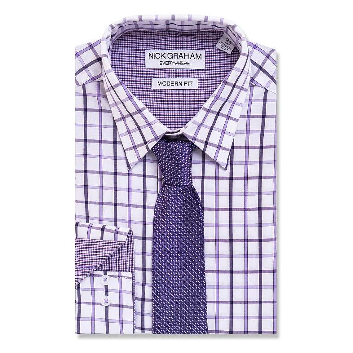 Men's Nick Graham Everywhere Modern-fit Dress Shirt And Tie Boxed Set, Size: M-32/33, Purple