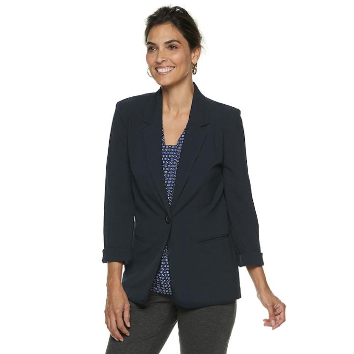 Women's Dana Buchman Roll-cuff Solid Blazer, Size: Large, Blue (navy)