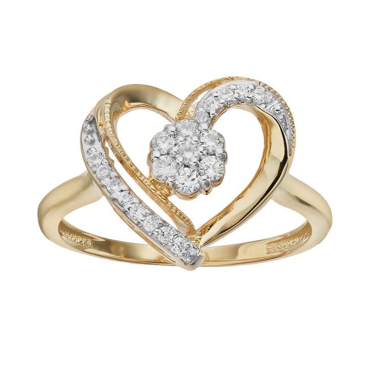 1/4 Carat T.w. Diamond 10k Gold Heart Ring, Women's, Size: 9, White