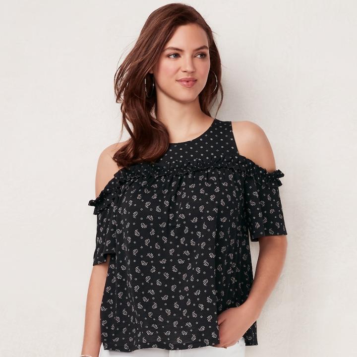 Women's Lc Lauren Conrad Rufflle Cold-shoulder Top, Size: Small, Dark Grey