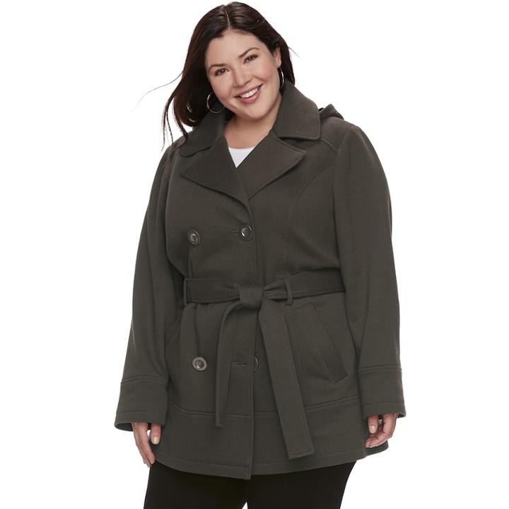 Plus Size D.e.t.a.i.l.s Hooded Double-breasted Fleece Jacket, Women's, Size: 3xl, Med Green