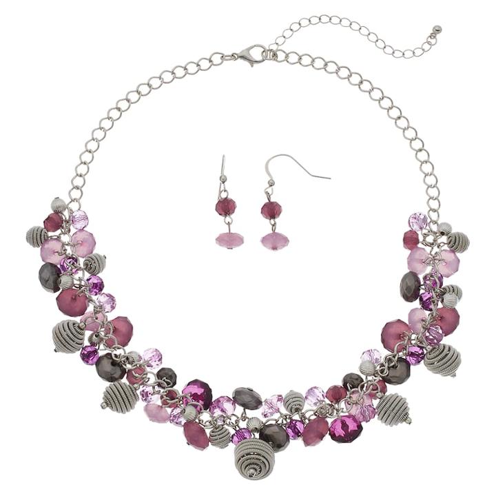 Purple Beaded Cluster Necklace & Drop Earrings Set, Women's