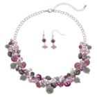 Purple Beaded Cluster Necklace & Drop Earrings Set, Women's