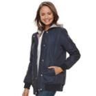 Juniors' Sebby Hooded Long Bomber Jacket, Teens, Size: Small, Blue (navy)