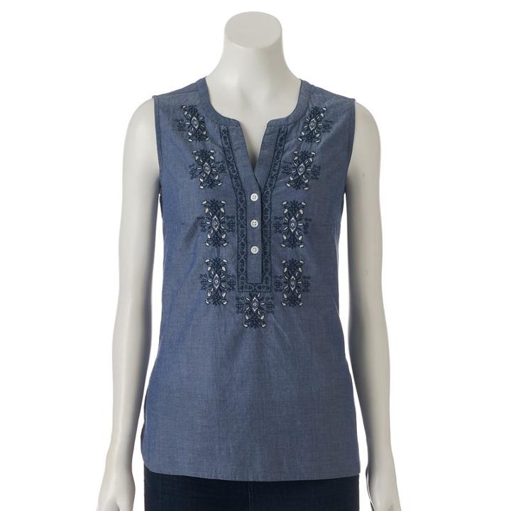 Women's Croft & Barrow&reg; Embroidered Henley Tank, Size: Small, Blue Other
