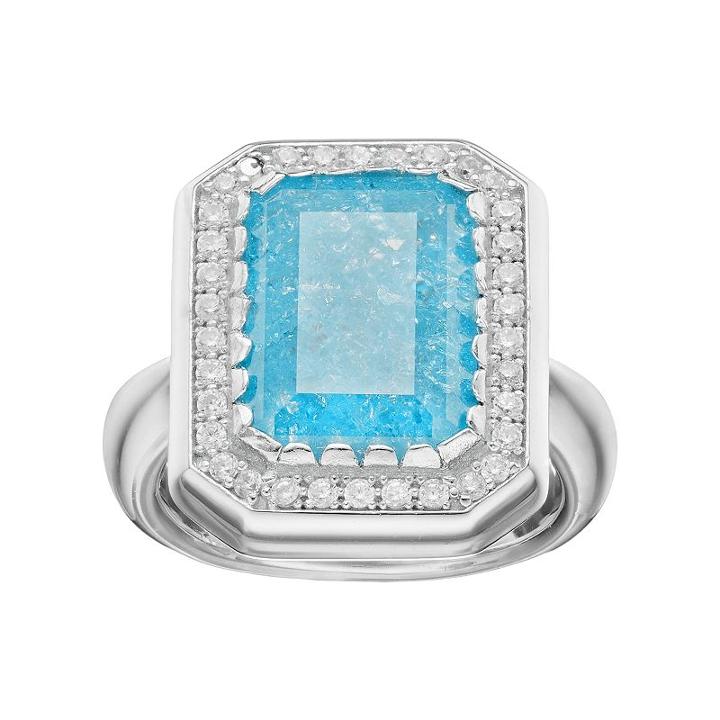 Sterling Silver Cubic Zirconia Rectangle Halo Ring, Women's, Size: 9, Blue