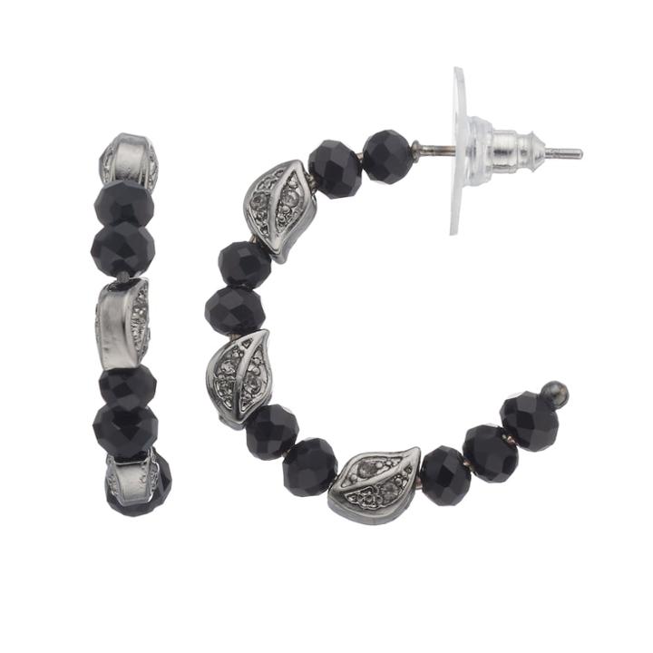 Napier Beaded Leaf Semi Hoop Earrings, Women's, Black
