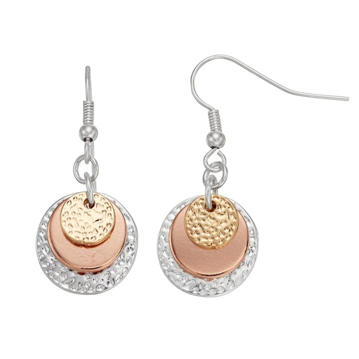 Tri Tone Hammered Nickel Free Disc Drop Earrings, Women's, Multicolor