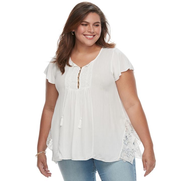 Plus Size World Unity Lace Shark-bite Tee, Women's, Size: 3xl, White