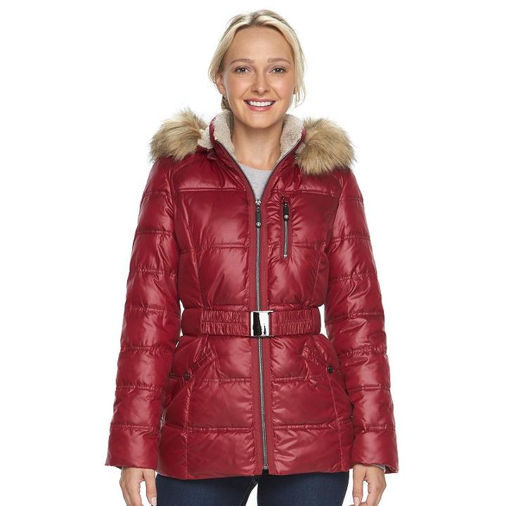 Women's Halitech Faux-fur Trim Hooded Puffer Jacket, Size: Xl, Red