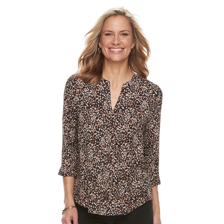 Women's Dana Buchman Printed Splitneck Top, Size: Xs, Beig/green (beig/khaki)