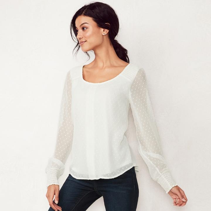 Women's Lc Lauren Conrad Smocked Swiss Dot Top, Size: Large, White