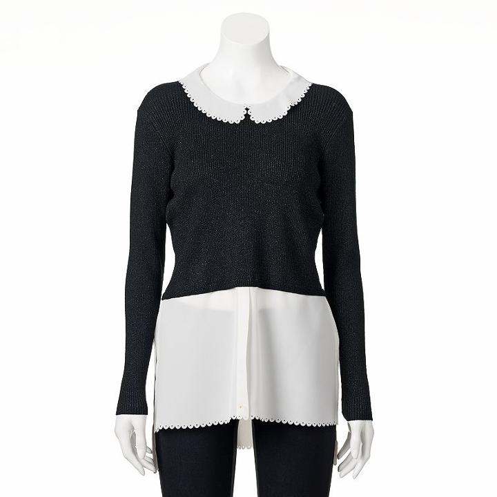 Women's Elle&trade; Scalloped Mock-layer Sweater, Size: Small, Black