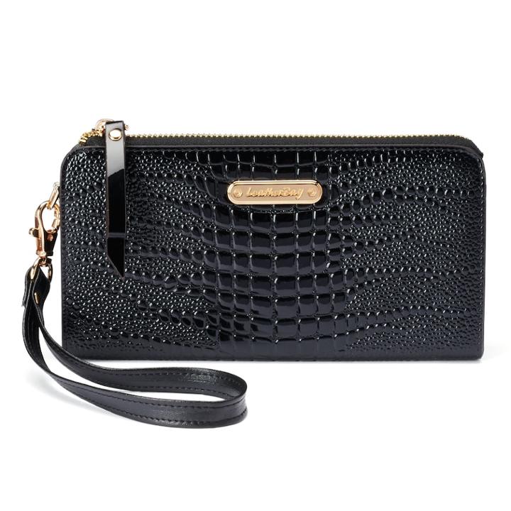 Women's Leatherbay Crocodile Accordion Wristlet Wallet, Black