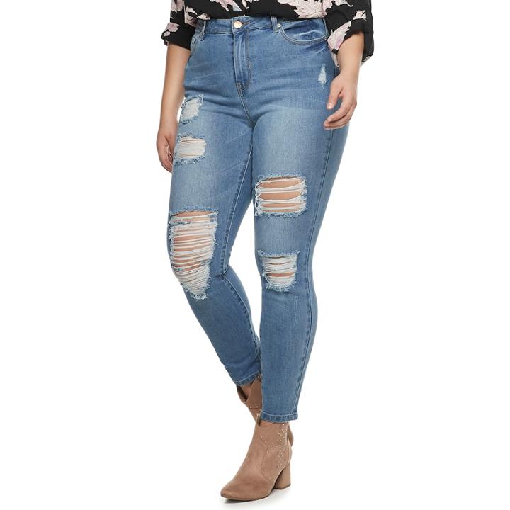 Juniors' Plus Size Almost Famous High-waisted Destructed Skinny Jeans, Teens, Size: 22, Orange