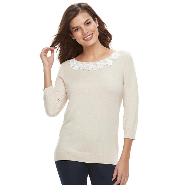 Women's Elle&trade; Floral Applique Crewneck Sweater, Size: Xs, Med Beige