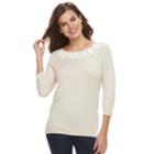 Women's Elle&trade; Floral Applique Crewneck Sweater, Size: Xs, Med Beige