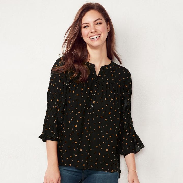 Women's Lc Lauren Conrad Printed Ruffle Sleeve Blouse, Size: Large, Lt Beige