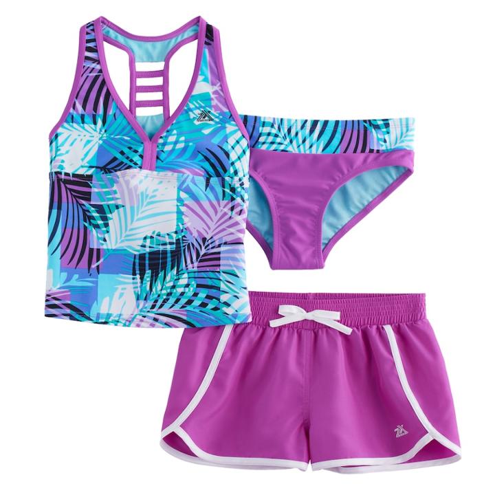 Plus Size Girls 7-16 Zeroxposure 3-pc. Palm Print Tankini Set, Size: 14 1/2, Red (beet)