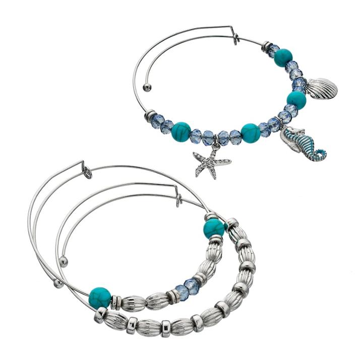 Seahorse, Seashell & Starfish Charm Bangle Bracelet Set, Women's, Turq/aqua