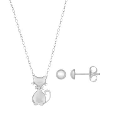 Lulabelle Kids' Sterling Silver Cat Pendant & Stud Earring Set, Women's