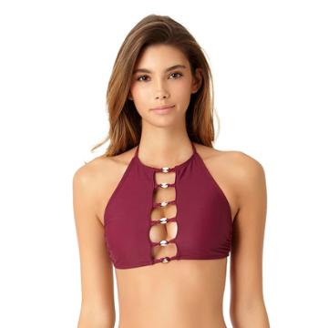 Juniors' California Sunshine Puka Shell High-neck Bikini Top, Women's, Size: Medium, Med Red