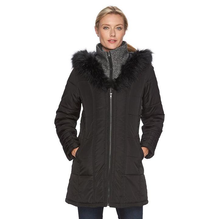 Women's Kc Collections Hooded Wool Blend Puffer Jacket, Size: Medium, Black