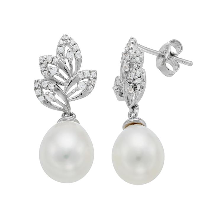 Sterling Silver Freshwater Cultured Pearl & Cubic Zirconia Leaf Drop Earrings, Women's, White
